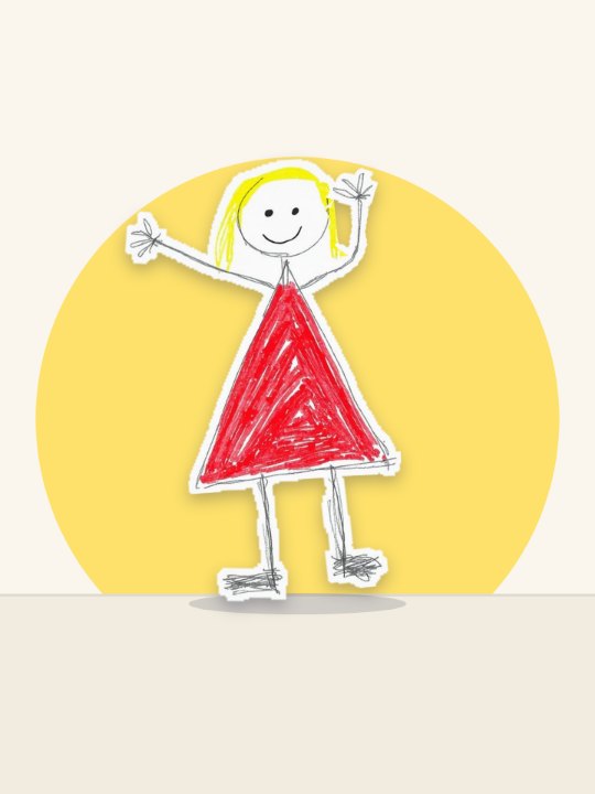 The same drawing, cut out of its paper and waving on a sunny table
