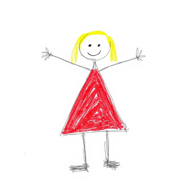 A child's crayon drawing of a girl in a red dress, photographed on white paper